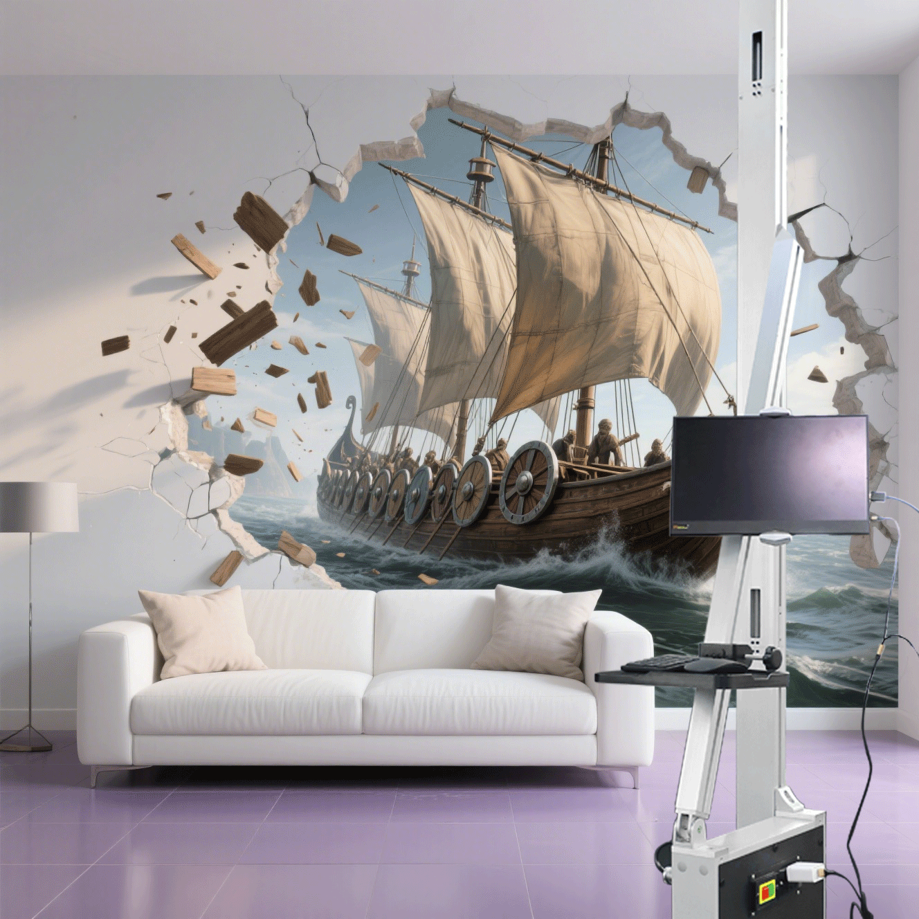 Vikingschip muurprint in interieur
